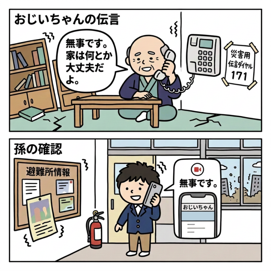 災害用伝言ダイヤル１７１で、安否確認をするおじいちゃんと孫